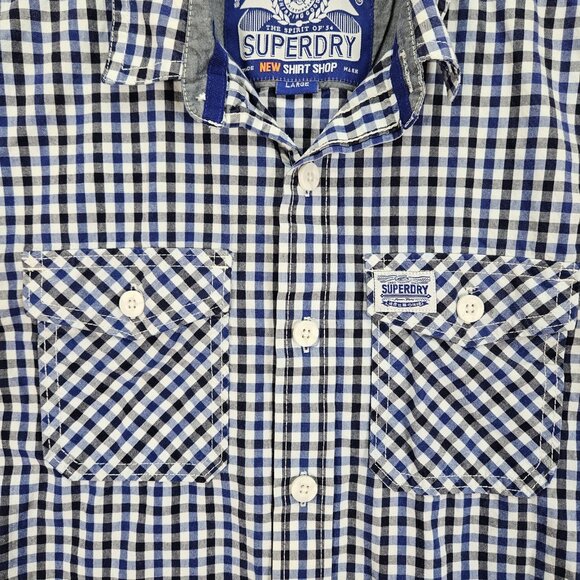 Superdry Button-Down Shirt Men's Size L Blue White Black Plaid Short Sleeve - Picture 6 of 10